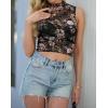 imageIWOLLENCE Womens Lace Cropped Tank Tops Mock Neck Sleeveless Ruched Side Sheer Shirts Slim FitLace Black Dahlia