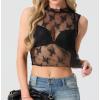 imageIWOLLENCE Womens Lace Cropped Tank Tops Mock Neck Sleeveless Ruched Side Sheer Shirts Slim FitLace Black Floral