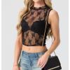 imageIWOLLENCE Womens Lace Cropped Tank Tops Mock Neck Sleeveless Ruched Side Sheer Shirts Slim FitLace Black Floral