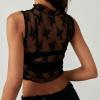 imageIWOLLENCE Womens Lace Cropped Tank Tops Mock Neck Sleeveless Ruched Side Sheer Shirts Slim FitLace Black Floral
