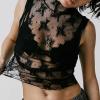 imageIWOLLENCE Womens Lace Cropped Tank Tops Mock Neck Sleeveless Ruched Side Sheer Shirts Slim FitLace Black Floral