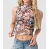 imageIWOLLENCE Womens Lace Cropped Tank Tops Mock Neck Sleeveless Ruched Side Sheer Shirts Slim FitMesh Black Colorful Flower