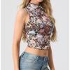 imageIWOLLENCE Womens Lace Cropped Tank Tops Mock Neck Sleeveless Ruched Side Sheer Shirts Slim FitMesh Black Colorful Flower