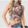 imageIWOLLENCE Womens Lace Cropped Tank Tops Mock Neck Sleeveless Ruched Side Sheer Shirts Slim FitMesh Black Colorful Flower