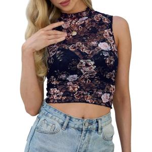 imageIWOLLENCE Womens Lace Cropped Tank Tops Mock Neck Sleeveless Ruched Side Sheer Shirts Slim FitLace Navy Blue Dahlia