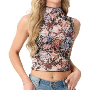 imageIWOLLENCE Womens Lace Cropped Tank Tops Mock Neck Sleeveless Ruched Side Sheer Shirts Slim FitMesh Black Colorful Flower