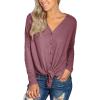 imageIWOLLENCE Womens Waffle Knit Tunic Blouse Tie Knot Henley Tops Loose Fitting Bat Wing Plain ShirtsRust Red