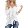 imageIWOLLENCE Womens Waffle Knit Tunic Blouse Tie Knot Henley Tops Loose Fitting Bat Wing Plain ShirtsWhite