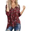 imageIWOLLENCE Womens Waffle Knit Tunic Blouse Tie Knot Henley Tops Loose Fitting Bat Wing Plain ShirtsZ03red Black Plaid