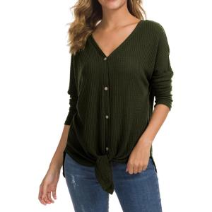 imageIWOLLENCE Womens Waffle Knit Tunic Blouse Tie Knot Henley Tops Loose Fitting Bat Wing Plain ShirtsArmy Green
