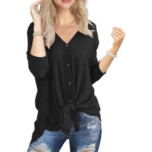 imageIWOLLENCE Womens Waffle Knit Tunic Blouse Tie Knot Henley Tops Loose Fitting Bat Wing Plain ShirtsBlack