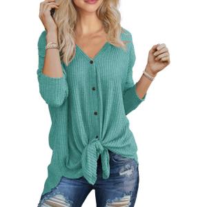 imageIWOLLENCE Womens Waffle Knit Tunic Blouse Tie Knot Henley Tops Loose Fitting Bat Wing Plain ShirtsBlue Green