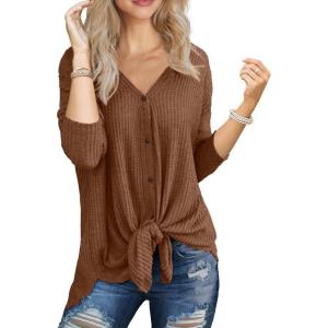 imageIWOLLENCE Womens Waffle Knit Tunic Blouse Tie Knot Henley Tops Loose Fitting Bat Wing Plain ShirtsCaramel Brown