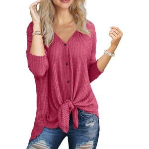 imageIWOLLENCE Womens Waffle Knit Tunic Blouse Tie Knot Henley Tops Loose Fitting Bat Wing Plain ShirtsDark Pink