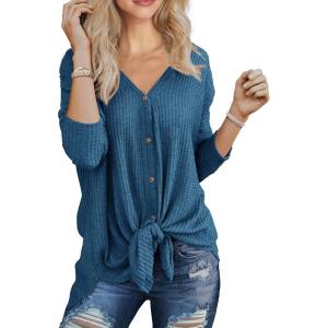 imageIWOLLENCE Womens Waffle Knit Tunic Blouse Tie Knot Henley Tops Loose Fitting Bat Wing Plain ShirtsGray Blue