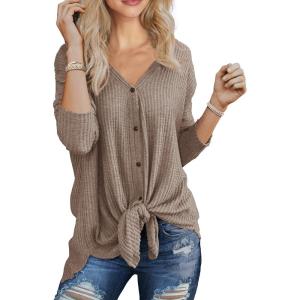 imageIWOLLENCE Womens Waffle Knit Tunic Blouse Tie Knot Henley Tops Loose Fitting Bat Wing Plain ShirtsKhaki