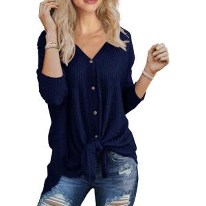imageIWOLLENCE Womens Waffle Knit Tunic Blouse Tie Knot Henley Tops Loose Fitting Bat Wing Plain ShirtsNavy Blue