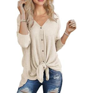 imageIWOLLENCE Womens Waffle Knit Tunic Blouse Tie Knot Henley Tops Loose Fitting Bat Wing Plain ShirtsOatmeal