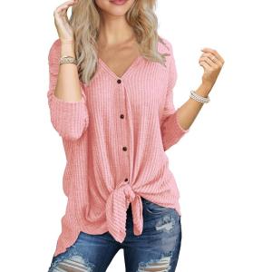 imageIWOLLENCE Womens Waffle Knit Tunic Blouse Tie Knot Henley Tops Loose Fitting Bat Wing Plain ShirtsPink