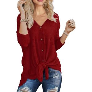 imageIWOLLENCE Womens Waffle Knit Tunic Blouse Tie Knot Henley Tops Loose Fitting Bat Wing Plain ShirtsRed