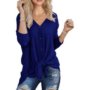 imageIWOLLENCE Womens Waffle Knit Tunic Blouse Tie Knot Henley Tops Loose Fitting Bat Wing Plain ShirtsRoyal Blue