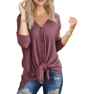 imageIWOLLENCE Womens Waffle Knit Tunic Blouse Tie Knot Henley Tops Loose Fitting Bat Wing Plain ShirtsRust Red