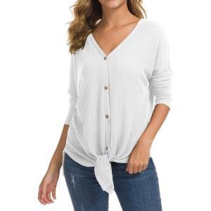 imageIWOLLENCE Womens Waffle Knit Tunic Blouse Tie Knot Henley Tops Loose Fitting Bat Wing Plain ShirtsWhite