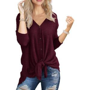 imageIWOLLENCE Womens Waffle Knit Tunic Blouse Tie Knot Henley Tops Loose Fitting Bat Wing Plain ShirtsWine Red