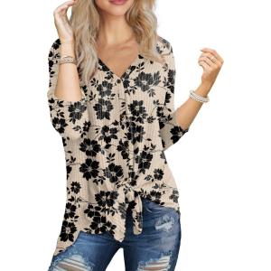imageIWOLLENCE Womens Waffle Knit Tunic Blouse Tie Knot Henley Tops Loose Fitting Bat Wing Plain ShirtsZ01apricot Ishitake