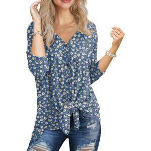 imageIWOLLENCE Womens Waffle Knit Tunic Blouse Tie Knot Henley Tops Loose Fitting Bat Wing Plain ShirtsZ01navy Sophorae