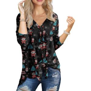 imageIWOLLENCE Womens Waffle Knit Tunic Blouse Tie Knot Henley Tops Loose Fitting Bat Wing Plain ShirtsZ03black Xmas Tree