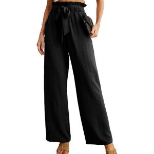 imageIWOLLENCE Womens Wide Leg Pants with Pockets High Waist Adjustable Knot Loose Casual Trousers Business Work Casual Pants01 Black