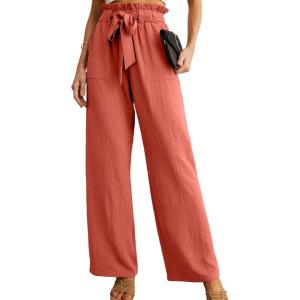 imageIWOLLENCE Womens Wide Leg Pants with Pockets High Waist Adjustable Knot Loose Casual Trousers Business Work Casual Pants05 Orange