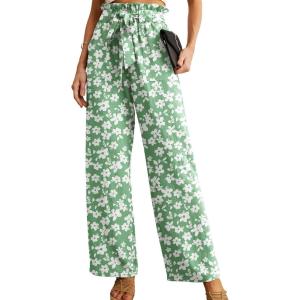 imageIWOLLENCE Womens Wide Leg Pants with Pockets High Waist Adjustable Knot Loose Casual Trousers Business Work Casual Pants10 Green White Flower
