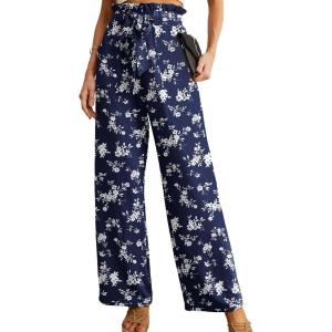 imageIWOLLENCE Womens Wide Leg Pants with Pockets High Waist Adjustable Knot Loose Casual Trousers Business Work Casual Pants28 Navy Flower