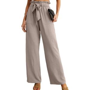 imageIWOLLENCE Womens Wide Leg Pants with Pockets High Waist Adjustable Knot Loose Casual Trousers Business Work Casual Pants29 Light Khaki