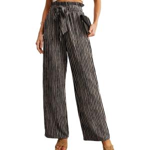 imageIWOLLENCE Womens Wide Leg Pants with Pockets High Waist Adjustable Knot Loose Casual Trousers Business Work Casual Pants31 Black Khaki Stripe