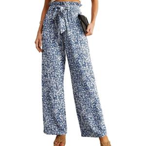 imageIWOLLENCE Womens Wide Leg Pants with Pockets High Waist Adjustable Knot Loose Casual Trousers Business Work Casual Pants31 Blue White Flower