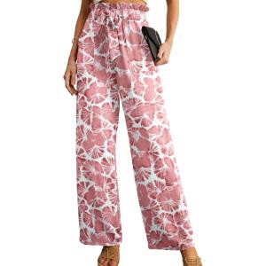 imageIWOLLENCE Womens Wide Leg Pants with Pockets High Waist Adjustable Knot Loose Casual Trousers Business Work Casual Pants32 Pink Fan Flower
