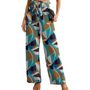 imageIWOLLENCE Womens Wide Leg Pants with Pockets High Waist Adjustable Knot Loose Casual Trousers Business Work Casual Pants33 Colorful Geometry 01