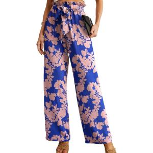 imageIWOLLENCE Womens Wide Leg Pants with Pockets High Waist Adjustable Knot Loose Casual Trousers Business Work Casual Pants38 Blue Pink Flower