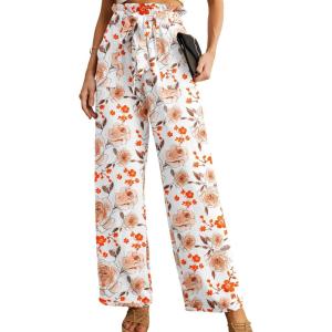 imageIWOLLENCE Womens Wide Leg Pants with Pockets High Waist Adjustable Knot Loose Casual Trousers Business Work Casual Pants39 White Sketch Rose