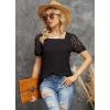 imageIWOLLENCE Womens Waffle Knit Blouse Puff LongShort Sleeve Lace Tops Casual Loose T Shirts01 Black