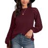 imageIWOLLENCE Womens Waffle Knit Blouse Puff LongShort Sleeve Lace Tops Casual Loose T Shirts01 Wine Red