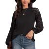 imageIWOLLENCE Womens Waffle Knit Blouse Puff LongShort Sleeve Lace Tops Casual Loose T Shirts02 Black