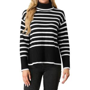 imageIWOLLENCE 2024 Winter Fall Turtleneck Sweater High Neck Long Sleeve Sweaters Pullover OutfitBlack White Stripe