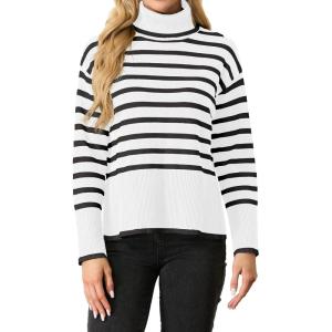 imageIWOLLENCE 2024 Winter Fall Turtleneck Sweater High Neck Long Sleeve Sweaters Pullover OutfitWhite Black Stripe