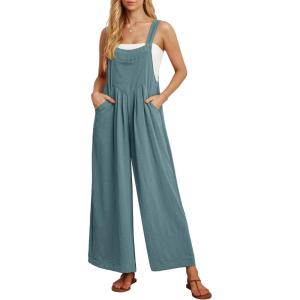 imageIWOLLENCE Womens Summer Jumpsuits Boho Wide Leg Overalls Casual Loose Rompers with Pockets 202402 Blue Green