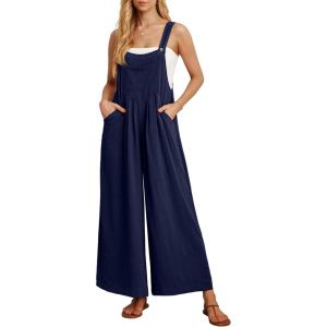 imageIWOLLENCE Womens Summer Jumpsuits Boho Wide Leg Overalls Casual Loose Rompers with Pockets 202404 Navy Blue