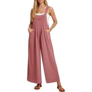 imageIWOLLENCE Womens Summer Jumpsuits Boho Wide Leg Overalls Casual Loose Rompers with Pockets 202406 Rust Red